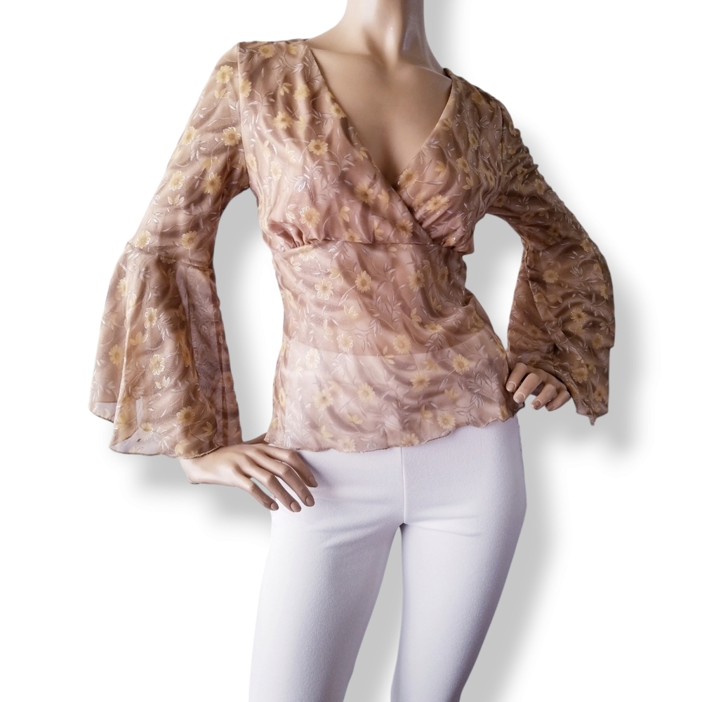 Tabom Retro Y2K Floral Sheer Faux Wrap Bell Sleeve Blouse with Ties